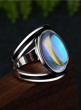 华杰wish新款镶嵌七彩月光石戒指欧美夸张仿泰银复古滴胶女式戒指