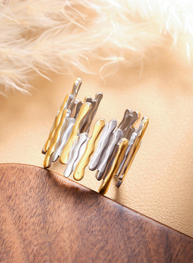 欧美风跨境新款拼色树皮戒指女不锈钢潮流时尚感手饰饰品配饰