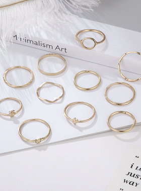 跨境热销戒指 欧美时尚O字波纹简约素圈戒指组合11件套厂家直销