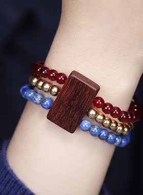 民族风佛珠手串印度小叶紫檀混搭青金石黄铜多圈手排手链女气质潮