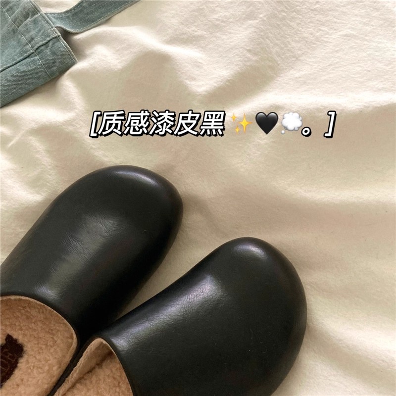 gp日本真皮厚底加绒勃肯鞋女2025新款黑色高档懒人增高包头半拖鞋 - 图1