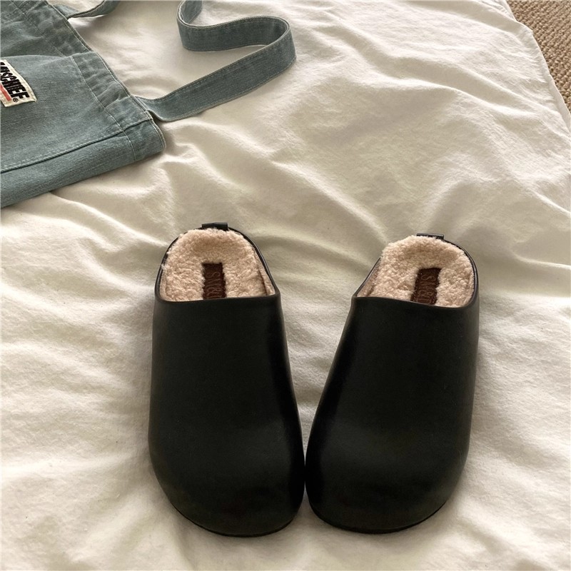 gp日本真皮厚底加绒勃肯鞋女2025新款黑色高档懒人增高包头半拖鞋 - 图0