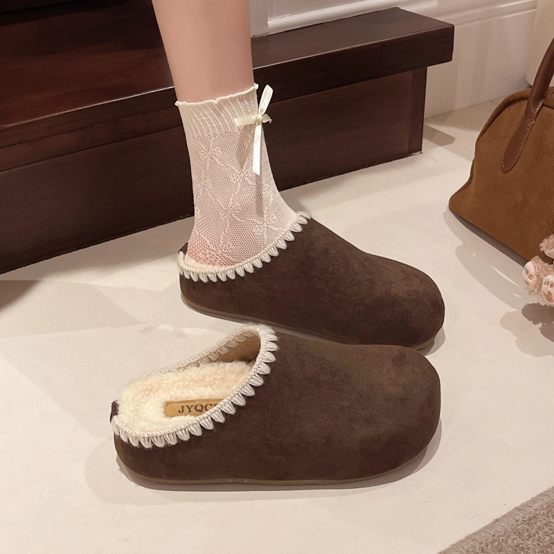 日本GP厚底加绒内增高勃肯鞋女外穿2025秋冬新款花边包头毛毛棉拖 - 图0