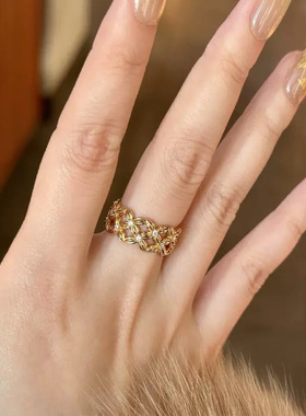 镂空交织锆石开口戒指气质轻奢小众高级设计感中古风食指叠戴指环