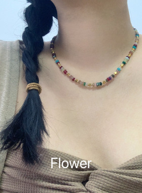 孔雀石红玛瑙彩色天然石串珠项链轻奢复古时尚夏日多巴胺锁骨链