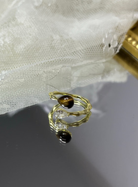 琥珀色美拉德水滴虎眼石开口戒指气质轻奢复古设计秋冬百搭叠戴戒