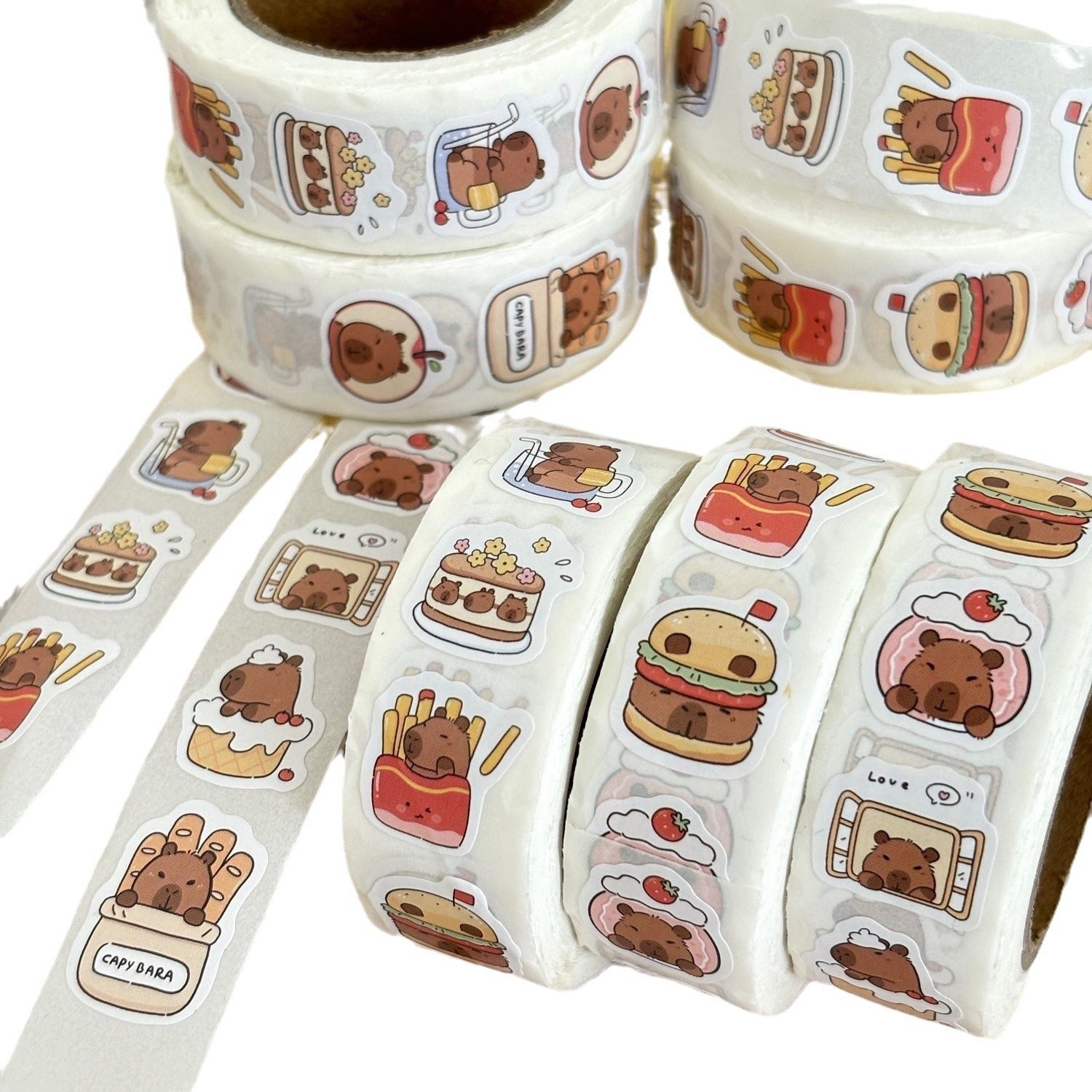 卡皮巴拉美食系列贴纸500贴/卷可爱卡通手账装饰贴纸卷,淘宝优惠券,粉丝福利购,淘宝优惠卷