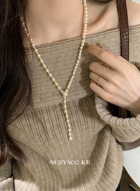suzyacc kr名媛风气质水钻葫芦仿珍珠毛衣链轻奢显白高级感长项链