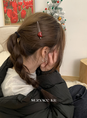 suzyacc kr覆盆子巧克力红色爱心侧边夹法式复古高级感百搭刘海夹