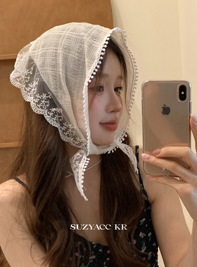 suzyacc kr周也同款法式蕾丝头巾温柔小众设计感头饰夏季三角巾