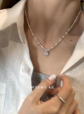 suzyacc kr轻奢超闪合成锆石吊坠碎银项链2024新款气质高级锁骨链