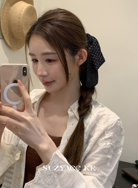 suzyacc kr黑色波点蝴蝶结飘带发圈女通勤复古小众低马尾皮筋头绳