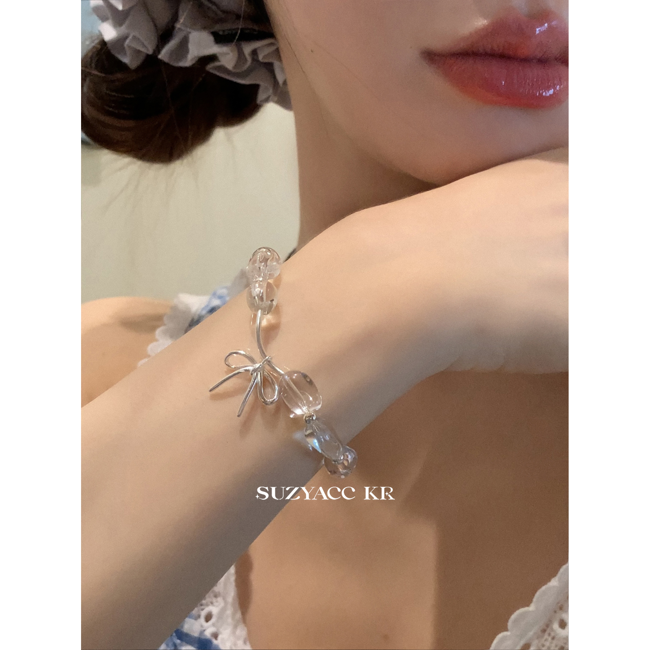 suzyacc kr小清新蝴蝶结纯银水晶弹力手链轻奢小众精致送闺蜜手饰 - 图0