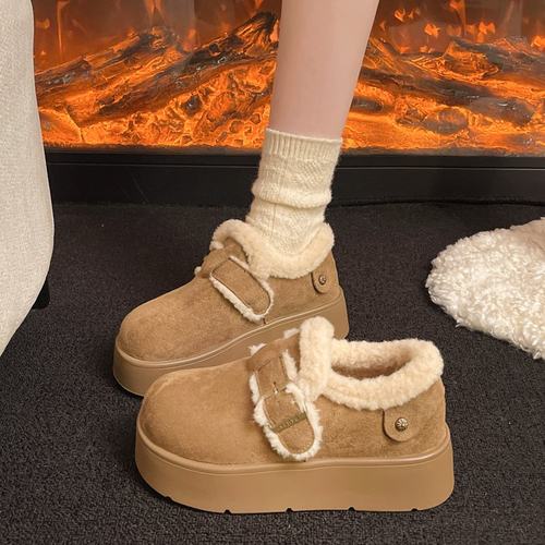 厚底增高加绒全包勃肯鞋女鞋子2025新款冬季雪地靴毛毛棉鞋乐福鞋 - 图0