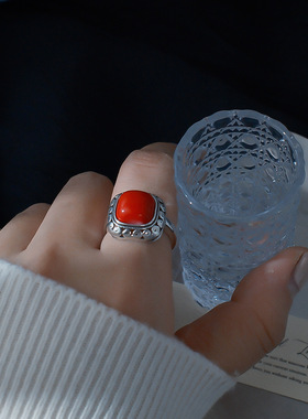 民族风唐草纹合成红玛瑙方形戒指新中式复古国风感气质指环