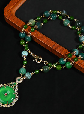 新中式翡翠绿玉髓平安扣吊坠铜镀真金镶钻宫廷风彩玉国风高档项链
