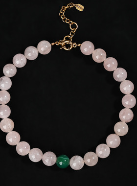 复古天然粉晶项链16mm圆珠绿色孔雀石串珠项链大气百搭毛衣链