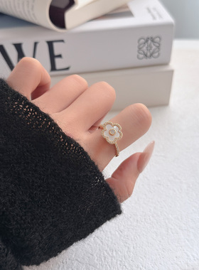 平面贝壳异形五瓣花朵可调节开口指环戒指女小众轻奢食指戒女