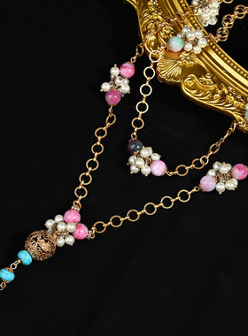 天然花石珍珠两层叠戴长款浮雕铜合金龙珠流苏吊坠项链毛衣链