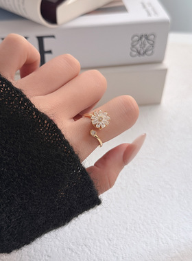 冷淡可旋转锆石九瓣花朵可调节开口指环戒指女小众轻奢食指戒