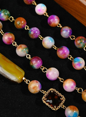 中古vintage镀18k真金天然石玛瑙法式项链复古长款叠戴个性毛衣链