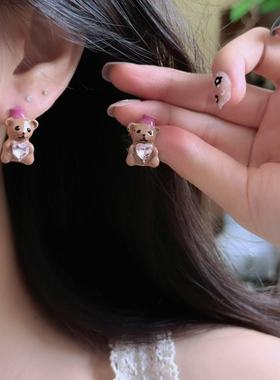 童趣卡通抱心带帽小熊项链女甜美风小众设计感颈链耳环锁骨链