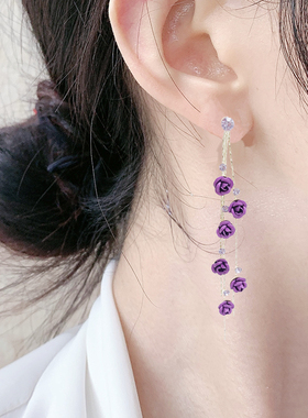 韩国925银针耳钉长款女玫瑰花