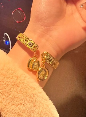 古法金色招财纳福吉言手镯轻奢小众精致高级复古手工整刻开口手环