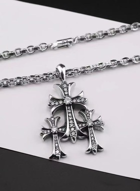 潮轩克罗项链三十字架吊坠梵文项链镶钻十字架个性男女款项链