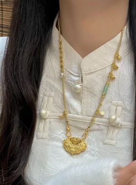 新中式古法锦鲤如意锁包项链铃兰花金锁吊坠中式金色多宝毛衣链