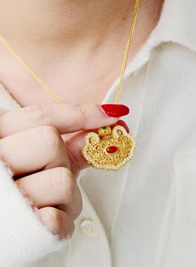 国潮新中式花开富贵花丝如意锁包吊坠项链2026新款爆款显白锁骨链