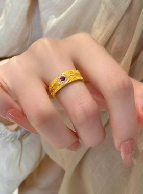 黄金色铜镀金花丝点钻祥云戒指女款复古宫廷风如意闭口指环送闺蜜