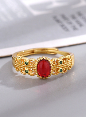 复古宫廷风花丝戒指女18k金开口可调节中古镶嵌设计高级感食指戒