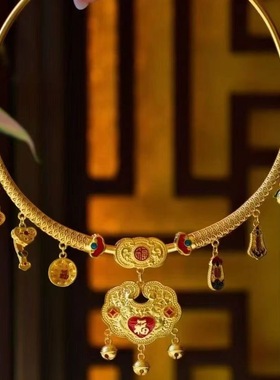 宝宝婴儿周岁长命锁金锁绳圈平安仿真金饰戴金抓周道具项圈编绳