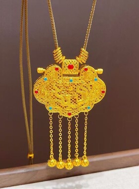 新中式龙凤呈祥金锁项链复古流苏平安锁天子门生吊坠送礼锁骨链