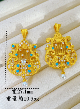 新中式古法镶嵌蓝宝石竖琴吊坠项链女仿黄金色如沐爱河古琴锁骨链