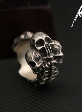 A鸦原创设计手工定制三头骷髅龙骨925纯银黄铜男女款情侣暗黑戒指