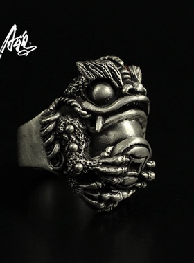 A鸦原创手工怀抱金钱币招财守财金蟾蜍蛤蟆青蛙925纯银男女款戒指