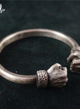 A鸦原创手工力量之拳头对口平打925纯银男女款暗黑先锋非高桥手镯