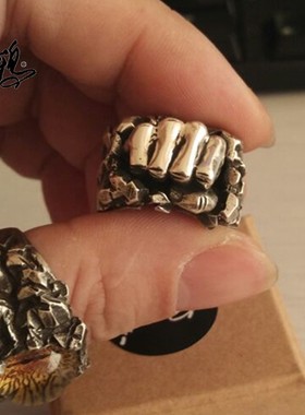 A鸦原创手工定制力量之拳头纹理实心925纯银镶嵌银黄紫铜男款戒指