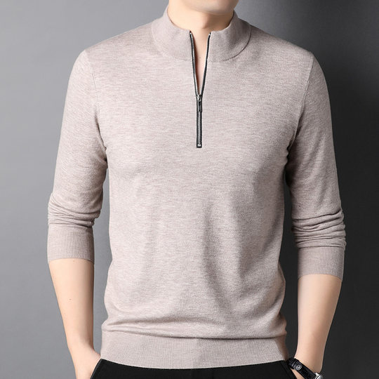 2024秋季新款男士半高拉链领羊绒衫薄款中领羊毛衫纯色毛衣打底衫