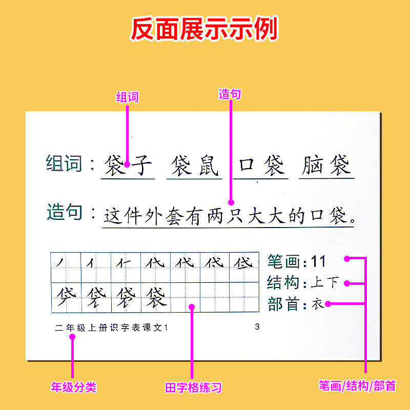 小学二年级上下册生字卡片教师专用语文教具识字卡片大卡人教版部编版同步教学识字写字表生字词语组词造句会认写一二类字赠磁吸扣