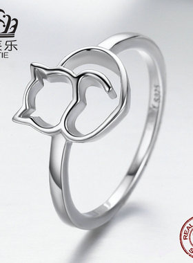 艾芙乐 动物系列调皮猫咪S925纯银戒指 个性简约镂空指环Y SCR104