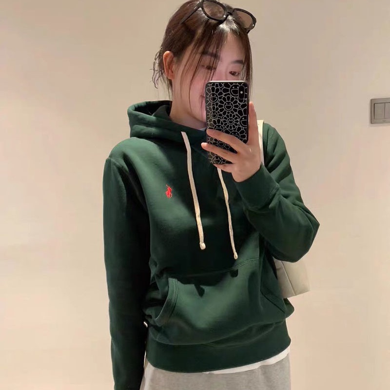 高品 秋冬刺绣马球加绒连帽卫衣女休闲百搭套头帽衫情侣纯色上衣 - 图0