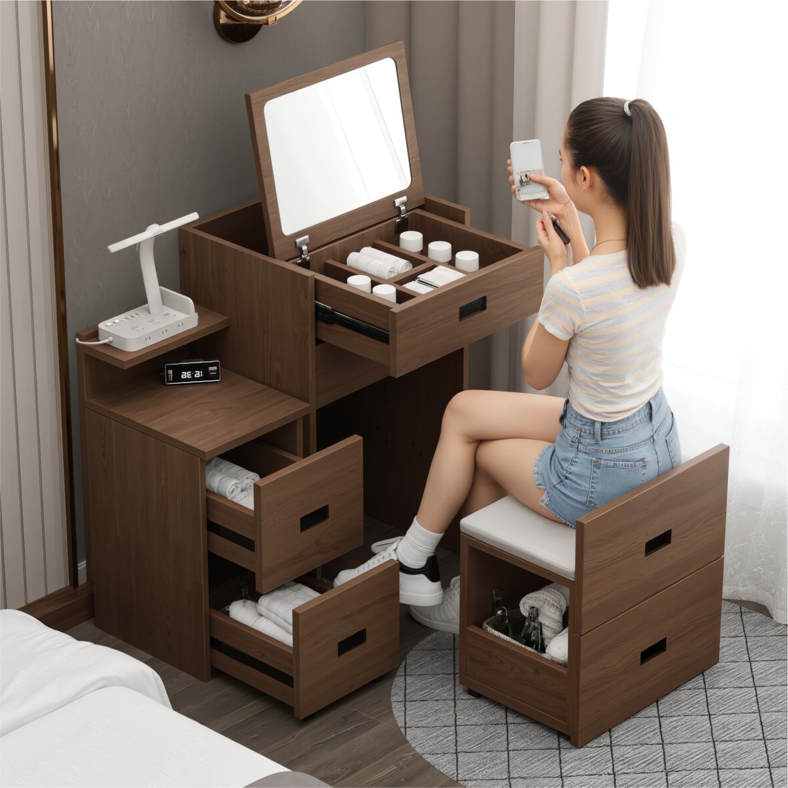 实木梳妆台床头柜一体可翻盖小户型斗柜卧室化妆桌简约现代化妆台,淘宝优惠券,粉丝福利购,淘宝优惠卷