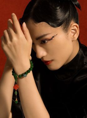 天然和田碧玉手串女款S925银镀18K金南红9mm圆珠手链源头2025新款