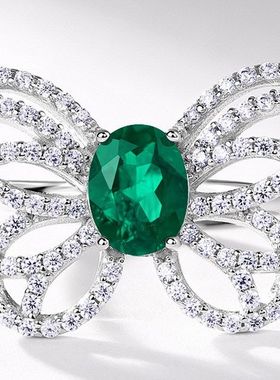 欧美风轻奢蝴蝶培育祖母绿戒指女S925银镶嵌培育彩宝指戒跨境专供