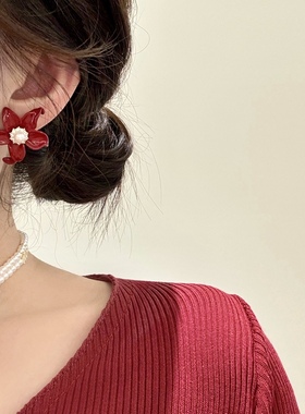 丽银短款双层白色珍珠项链新款丽贝丽影新年红色鸢尾花叠带锁骨链