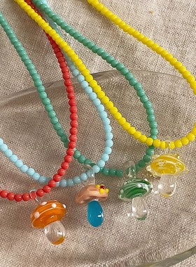 多巴胺彩色蘑菇串珠项链女锁骨链