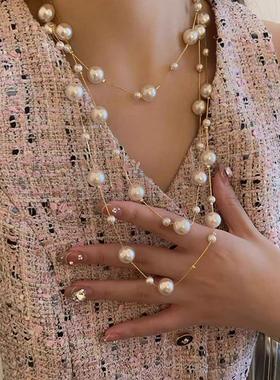 满天星珍珠长款项链女2024新款秋冬高级感轻奢小众气质毛衣链配饰